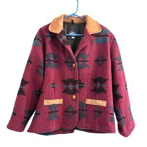 VTG WOOLRICH Aztec Blanket Southwest Leather Collar Coat Wool Jacket Size M